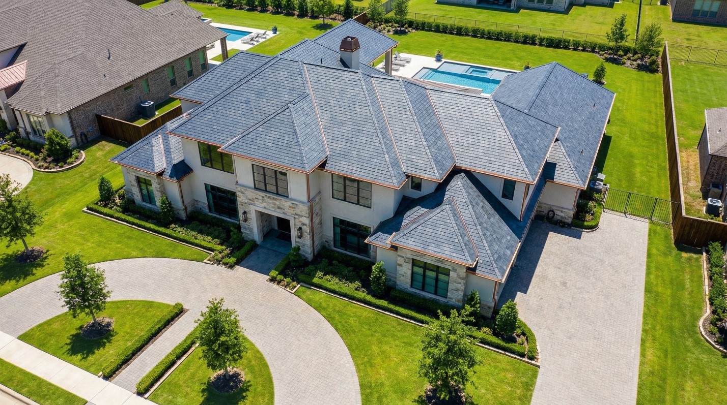 Aerial view of a residential roof replacement in Dallas-Fort Worth Texas